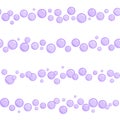 Horizontal seamless soap bubble stripes, purple naive and simple lines with water bubbles, vector