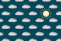 Seamless sun and clouds pattern illustration. Lots of clouds and one sun on blue background.