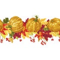 Horizontal seamless vector line with autumn leaves and pumpkins, and berries Royalty Free Stock Photo