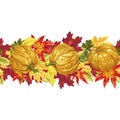 Horizontal seamless vector line with autumn leaves and pumpkins Royalty Free Stock Photo