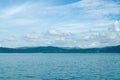 Horizontal of Seascape including Forest Mountain, Blue Sky and Wave of Water. Royalty Free Stock Photo