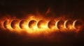 A horizontal sequence of celestial bodies transitioning through stages of illumination against a fiery, dark background Royalty Free Stock Photo