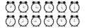 horizontal set of analog alarm clock icon notifying each hour isolated on white,vector illustration