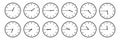 horizontal set of analog clock icon notifying each quarter 45 minutes isolated on white,vector illustration
