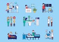 Horizontal set of medical services with doctors and patients. Vector illustration of a dentist reception, online consultation, tra