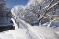 Horizontal shot of a bridge covered in snow over a river during winter in Moscow, Russia Royalty Free Stock Photo