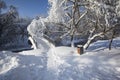 Horizontal shot of a bridge covered in snow over a river during winter in Moscow, Russia Royalty Free Stock Photo