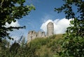 Horizontal shot of the Clun Castle Shropshire, UK in summer through the trees Royalty Free Stock Photo