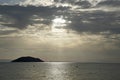 Horizontal shot. Empty beach in the evening at sunset. . Silhouettes and coastline. Sea bright sky. Greece Sithonia. Horizon.