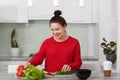 Horizontal shot of happy smiling pregnant woman cuts vegetables for making salad, poses against kitchen interior, wears red casual Royalty Free Stock Photo