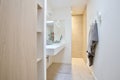 Horizontal shot of a modern bathroom interior with grey towels hanging from artsy pegs Royalty Free Stock Photo