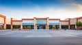 Horizontal shot of new retail strip shopping center with under construction. AI Generative