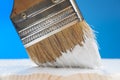 Paint brush close-up on blue background. Painting the floor with white paint. The concept of painting works.