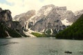 Horizontal shot of the Prags lake in The Fanes-Senns-Prags Nature Park located in South Tyrol, Italy