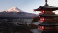 Horizontal shot of the red Chureito Pagoda in Japan, with Fujiyama Mount Fuji in the background