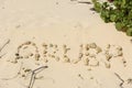Horizontal shot of rocks on a sandy beach spelling Aruba on a sunny day Royalty Free Stock Photo