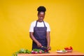 Horizontal shot of a young attractive African cook cutting vegetables with a knife Royalty Free Stock Photo