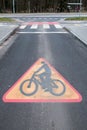 Horizontal sign on the road Attention cyclists Royalty Free Stock Photo