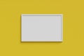 Horizontal simple mock-up picture frame white color hanging on a blank yellow wall simple interior. 3D rendering Royalty Free Stock Photo