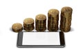 Horizontal smartphone with empty copy space on-screen and growing piles of golden Bitcoins isolated on white.