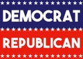 A horizontal split red, white and blue democrat and republican typographical graphic illustration with decorative white stars