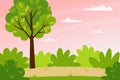 Horizontal spring summer landscape. Sunset, pink sky. A forest with trees, bushes, and a path. Clear weather. Color vector Royalty Free Stock Photo