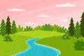 Horizontal spring summer landscape. Sunset, pink sky. A forest with trees, bushes, and a stream or river. Clear weather. Color Royalty Free Stock Photo