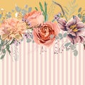 Horizontal striped pattern with creamy roses, clowe and tulips, leaves, bud and herbs. Royalty Free Stock Photo