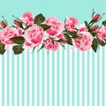 Horizontal striped pattern with pink rose, peony, leaves and bud. Royalty Free Stock Photo