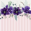 Horizontal striped pattern with violet anemones, leaves, bud and herbs. Royalty Free Stock Photo