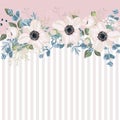 Horizontal striped pattern with white anemones, leaves, bud and herbs. Royalty Free Stock Photo