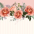 Horizontal striped pattern with white creamy roses, leaves, bud and herbs. Royalty Free Stock Photo