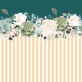 Horizontal striped pattern with white roses, leaves, bud, succulent and berries.