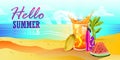 Horizontal summer banner with beach, ocean, mango, glass of lemonade, surfboard, toucan, cocktail, watermelon, ice cube.