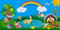 Horizontal summer banner or header for kids sites with 3d rendered farm animals plasticine sculptures