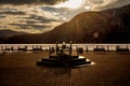 Horizontal sunset view of Cold Spring Pier overlooking the frozen Hudson River. Located in