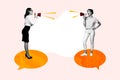 Horizontal surreal creative photo collage of two women stand on message bubbles hold loudspeakers and talk have