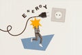 Horizontal surreal funny photo collage of headless miniature human hold plug socket concept of energy activity power to