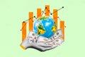 Horizontal surreal photo collage of big arm holding bunch of dollar banknotes and earth globe on statistics charts
