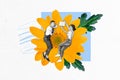Horizontal surreal photo collage of couple lying in giant yellow flower and read book literature story romantic on
