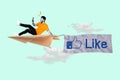 Horizontal surreal photo collage of young crazy blogger man fly on paper plane facebook like heart recording on phone
