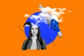 Horizontal surreal photo collage of young girl with sawed off half of head hand hold saw clouds dream fantasy on
