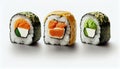 Horizontal sushi rolls set assortment isolated on white background. Asian food composition. Generative AI illustration