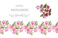 Horizontal  template for invitation or greeting card  with colored  blossoming branch of apple tree flowers Royalty Free Stock Photo