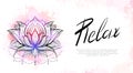 Horizontal template with tribal contour lotus, watercolor splashes and lettering relax. Religious spiritual postcard. Water lilies
