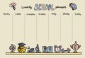 Horizontal Timetable for elementary school. Weekly planner template with cartoon school objects and symbols on pastel yellow