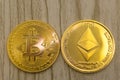 Horizontal top view closeup of ethereum litecoin and bitcoin stack of golden coins background texture exchange concept .