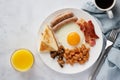 Typical classic english breakfast. Delicious eggs, bacon, mushrooms, beans and sausages on plate