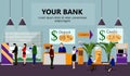 Horizontal vector banner with bank interiors. Finance and money concept. Flat cartoon illustration Royalty Free Stock Photo