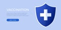 Horizontal vector banner with a medical cross with vaccination on a blue background. Vaccine against Covid-19. Vector illustration